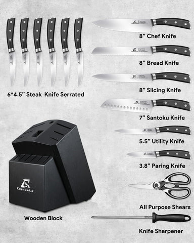Knife Set, Kitchen Knife Block Sets with Sharpener, 6 Steak Knife Set Serrated with Block, 15 PCS Forged German Stainless Steel Rust Proof Knives, Dishwasher Safe Black, New Beveled Design