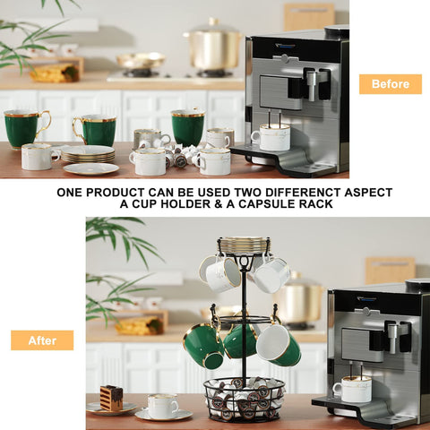 ASTLIHO 360° Rotating Coffee Mug Holder - Metal 3 Tier Mug Tree Rack Cup Holder for Countertop with 10 Hooks, Coffee Pods Holder for Bar Organizer Kitchen Counter - Black