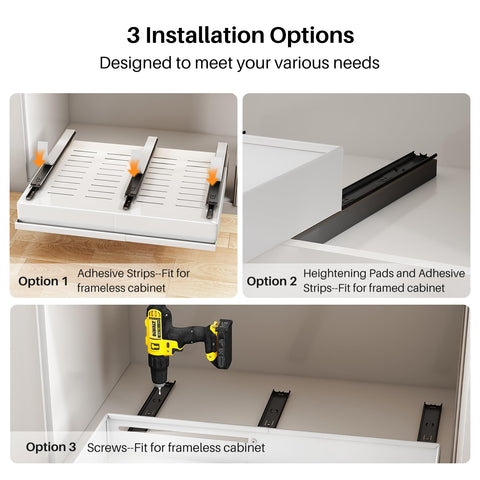 Pull out Cabinet Organizer, 2-Pack Expandable(13.6"-24") Silde out Drawers with Raising Pad for Framed Cabinets, Adjustable Full-Extension Adhesive Roll out Shelves for Kitchen Pantry Home Pot and Pan