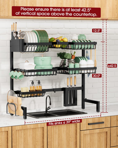 Sakugi Dish Drying Rack - Over The Sink Dish Drainer Drying Rack with Utensil & Knife Holder, Hooks, Stainless Steel Kitchen Organizers and Storage Solution, 11.8" D x 31.5"~39.0''W x 30" H, Black