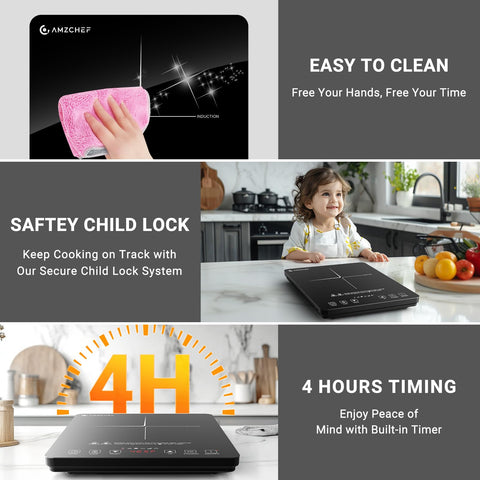 AMZCHEF Portable Induction Cooktop 20 Temperature & Power Levels, 1800W Induction Stove Burner with 6.8" Heating Coil, Low Noise Hot Plate Single Electric Cooktops Countertop Stove with Timer