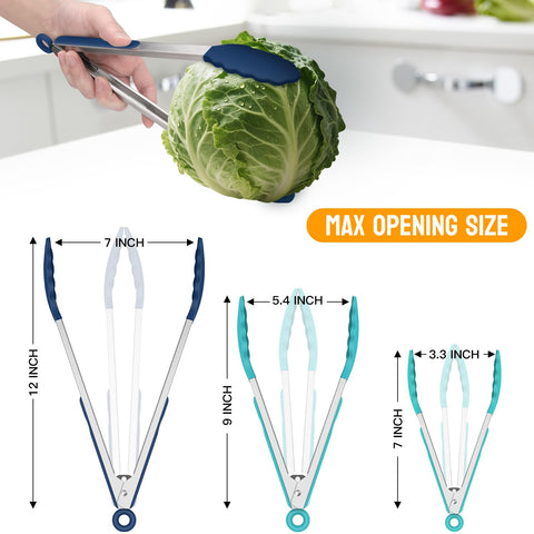HOTEC Premium Stainless Steel Locking Kitchen Tongs with Silicon Tips, Set of 3-7", 9" and 12" (Gradient Blue)