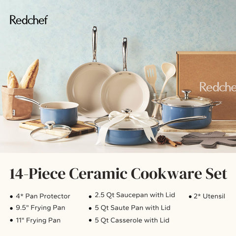 Redchef Ceramic Nonstick Cookware Set,14pcs Pots and Pans Set Non Stick,Induction Cookware with Stainless Steel Handle,Non Toxic Kitchen Cooking Set,Dishwasher & Oven Safe,PFAS PFOA & PTFE Free（Blue）