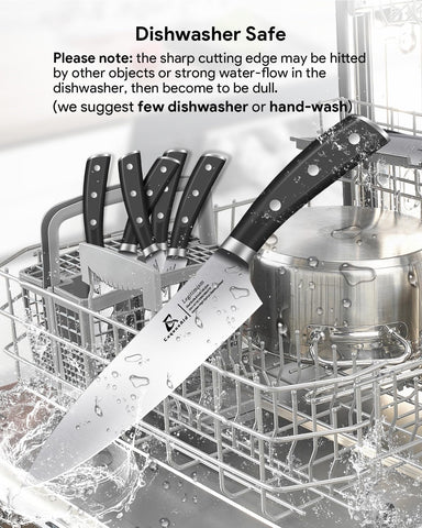 Knife Set, Kitchen Knife Block Sets with Sharpener, 6 Steak Knife Set Serrated with Block, 15 PCS Forged German Stainless Steel Rust Proof Knives, Dishwasher Safe Black, New Beveled Design