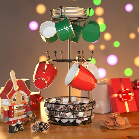 ASTLIHO 360° Rotating Coffee Mug Holder - Metal 3 Tier Mug Tree Rack Cup Holder for Countertop with 10 Hooks, Coffee Pods Holder for Bar Organizer Kitchen Counter - Black