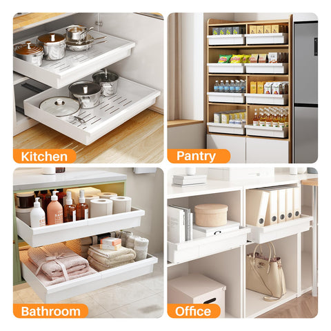 Pull out Cabinet Organizer, 2-Pack Expandable(13.6"-24") Silde out Drawers with Raising Pad for Framed Cabinets, Adjustable Full-Extension Adhesive Roll out Shelves for Kitchen Pantry Home Pot and Pan