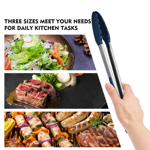 HOTEC Premium Stainless Steel Locking Kitchen Tongs with Silicon Tips, Set of 3-7", 9" and 12" (Gradient Blue)