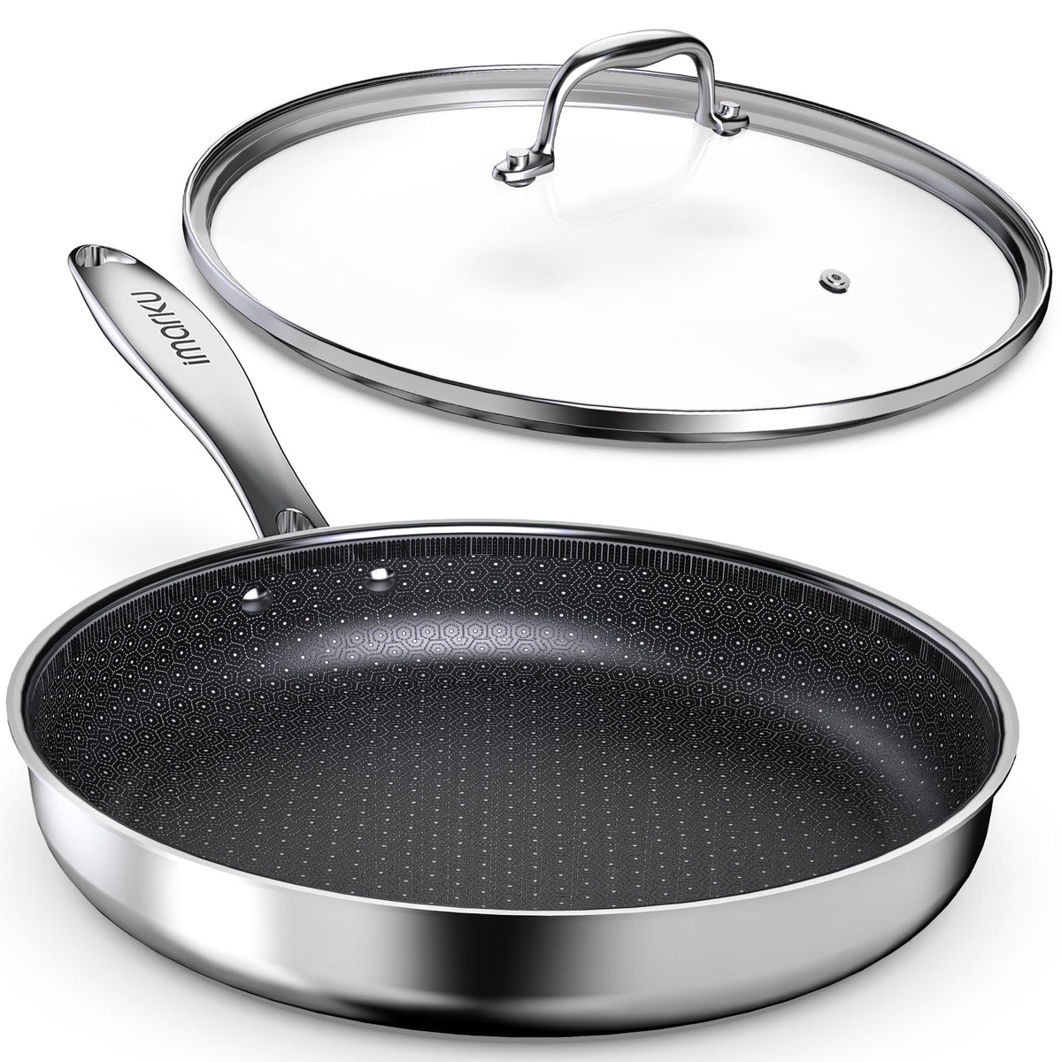 Imarku 12in non-stick frying pan provides easy food release for quick weeknight sautéing.