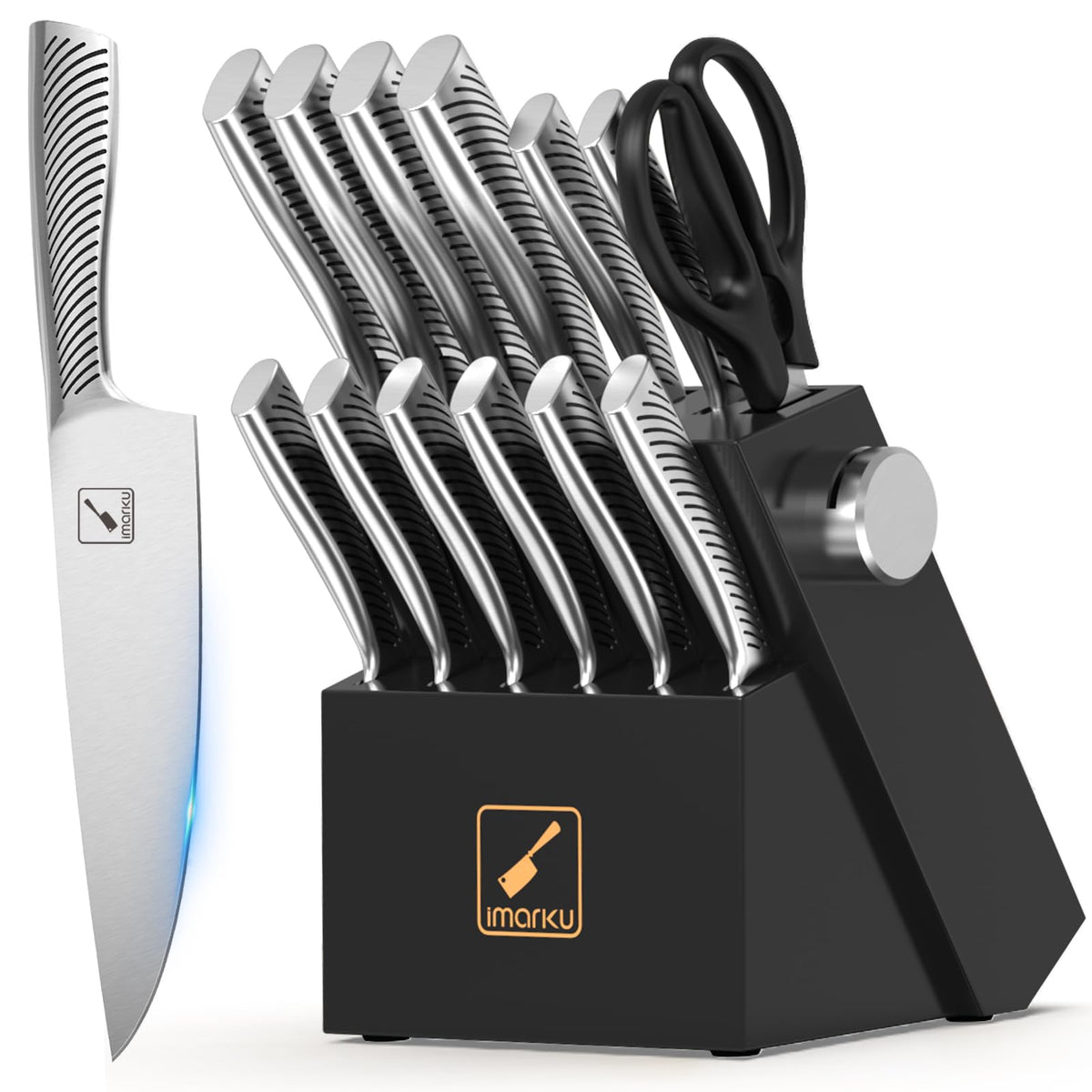 imarku 14-piece knife block set on a clean counter, organized for efficient prep.