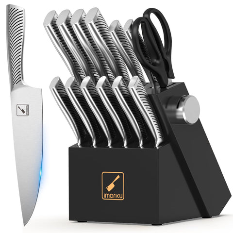 imarku 14-piece knife block set on a clean counter, organized for efficient prep.