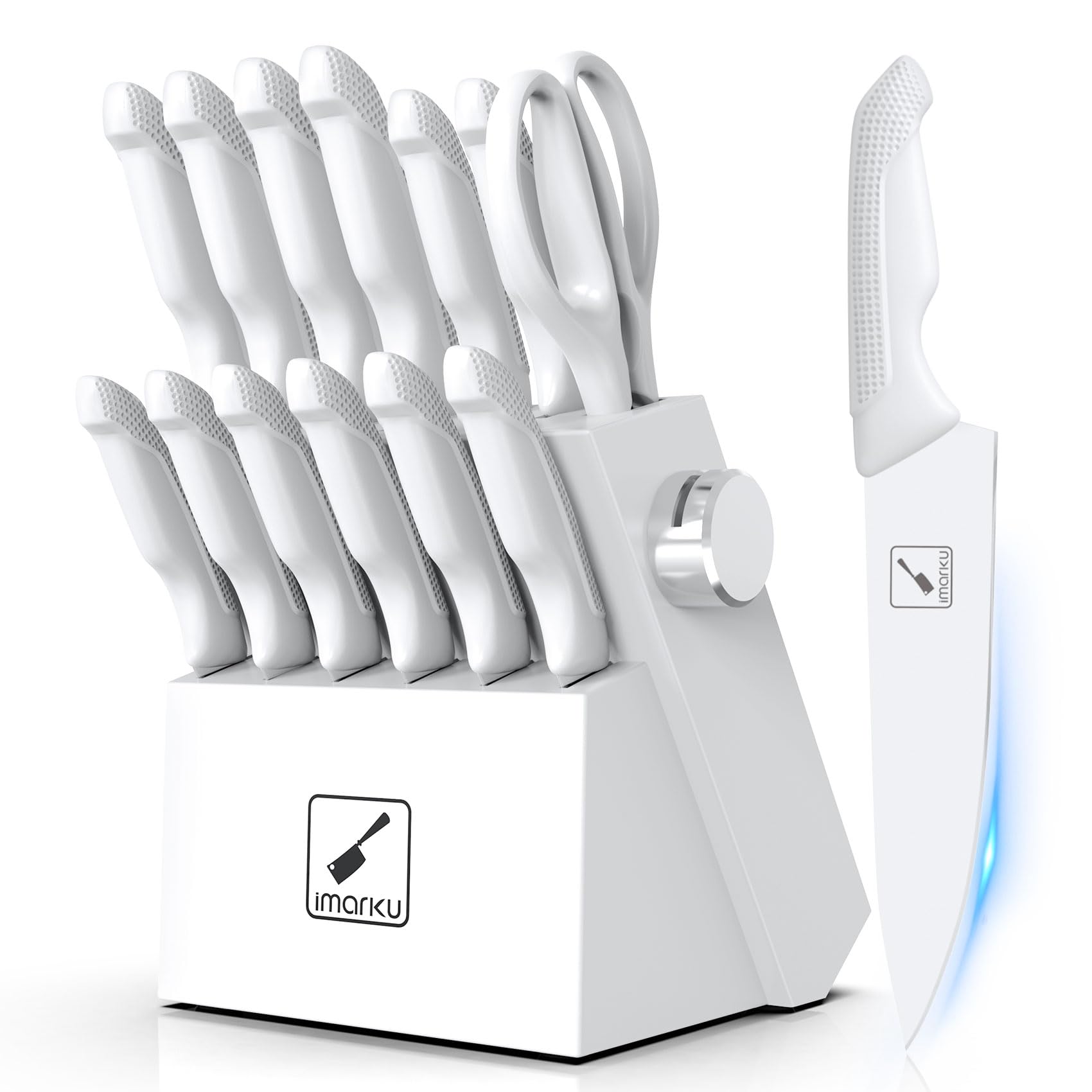 Imarku 14-piece knife set with block and sharpener on countertop for precise daily prep.