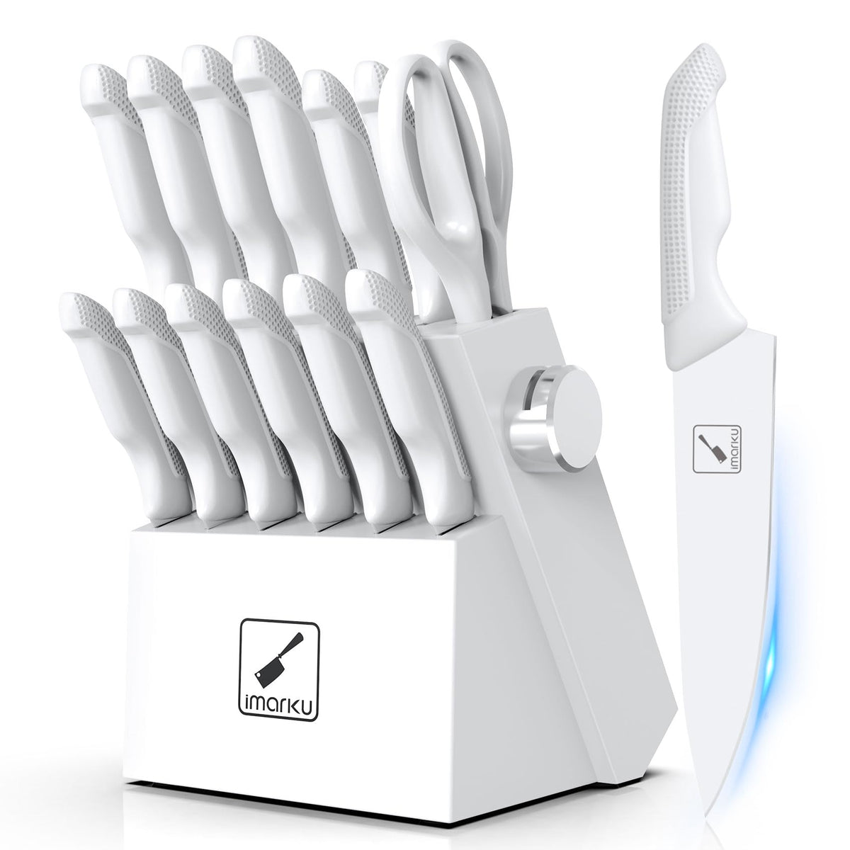 Imarku 14-piece knife set with block and sharpener on countertop for precise daily prep.