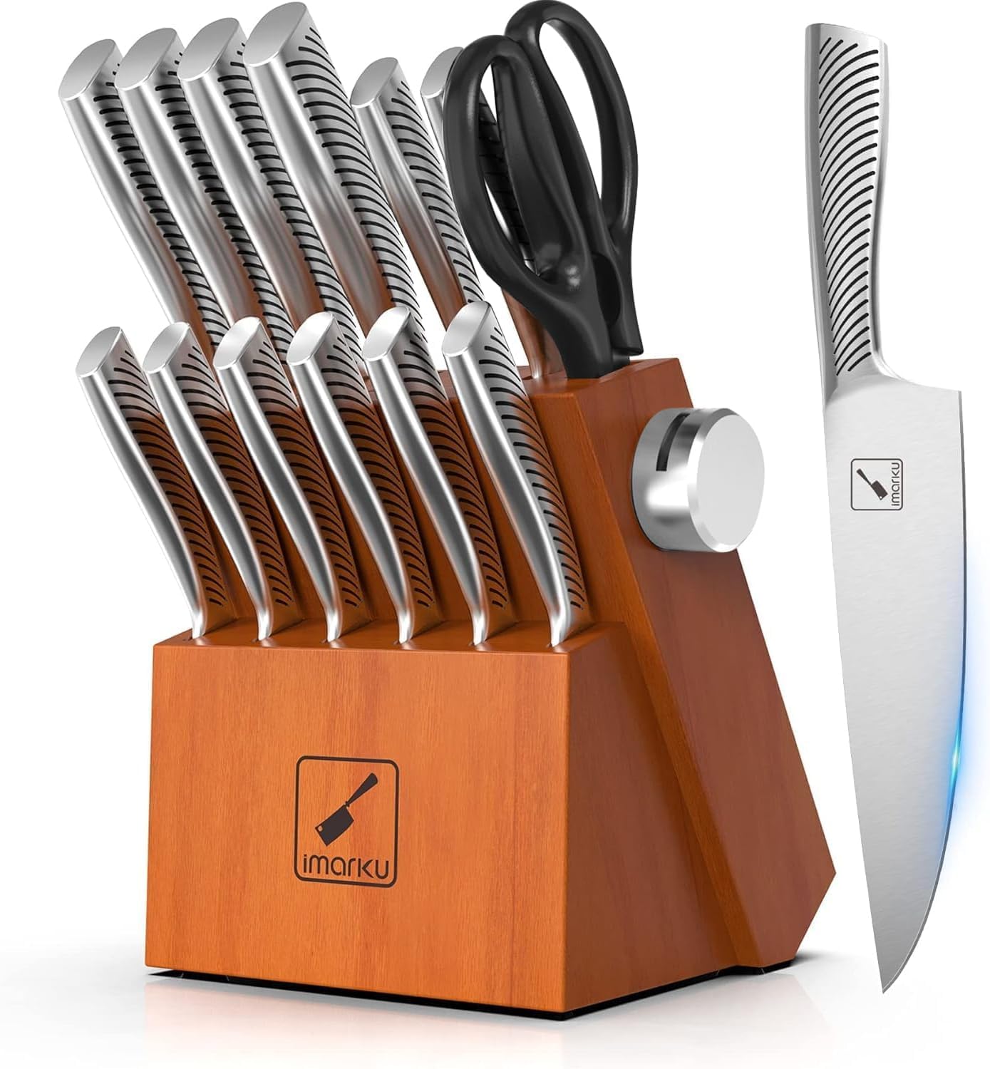 Imarku 14-piece knife set in a wooden block for organized storage.