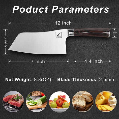 Imarku 7-inch chef knife mincing meat with clean, even slices.
