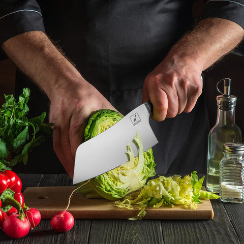 Imarku 7-inch chef knife slicing fruit for fresh kitchen prep.