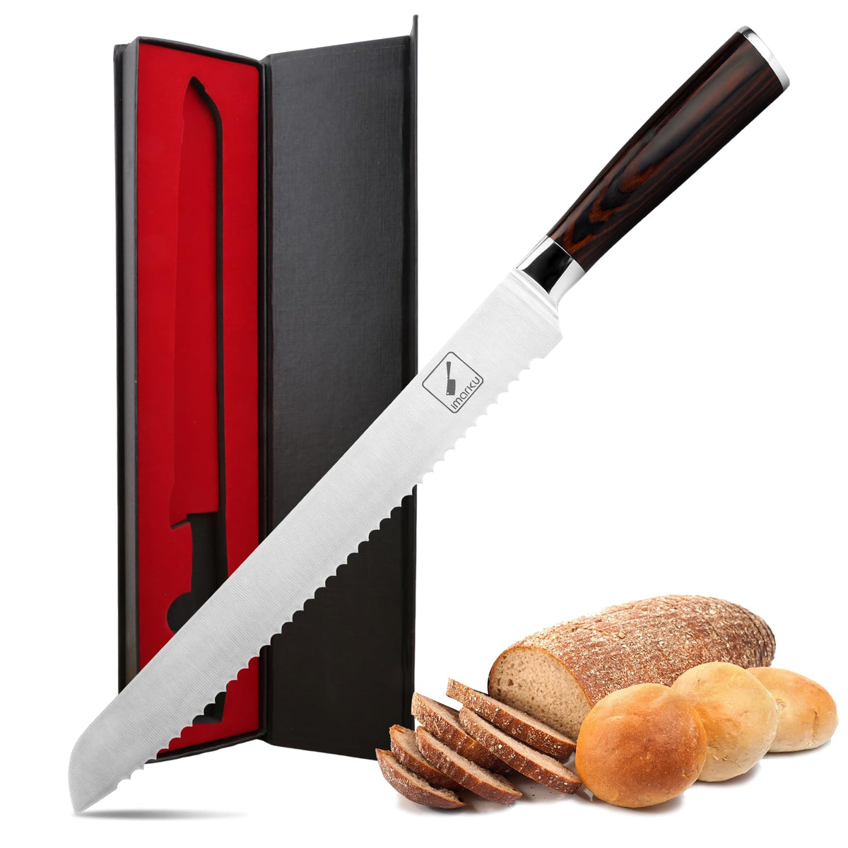 imarku bread knife 10-inch blade close-up highlighting razor-sharp serrations for crusty bread