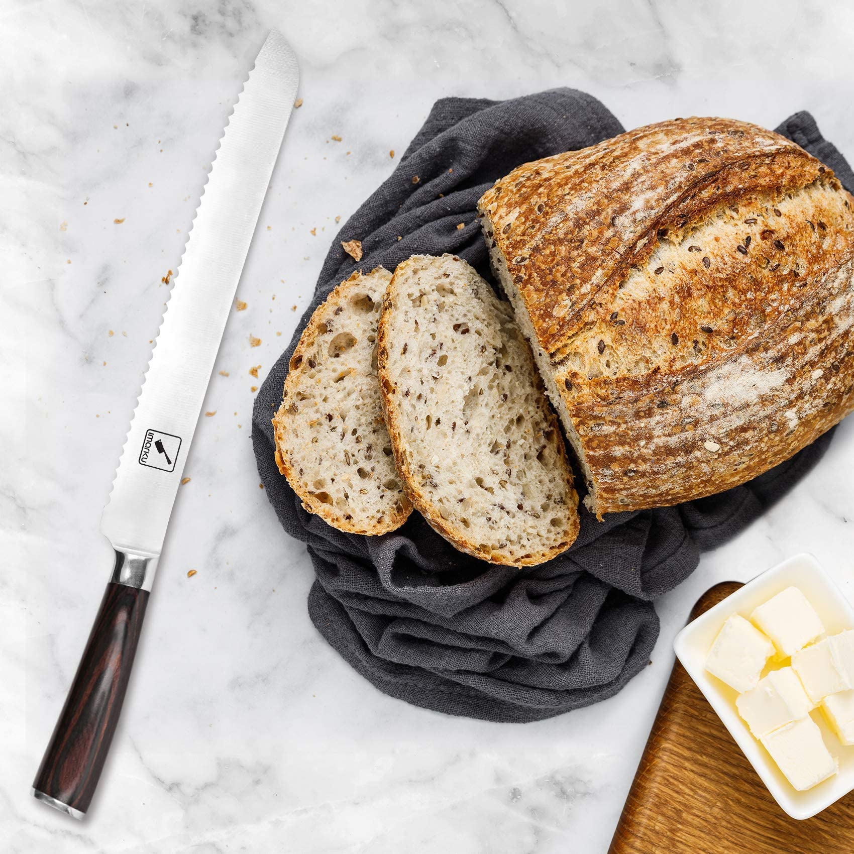 Imarku bread knife ten-inch blade handles crusty loaves with ease.