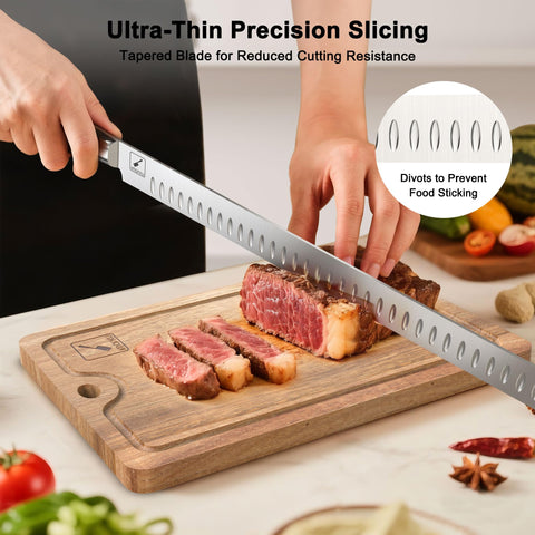 Imarku Brisket Knife anti-stick texture reduces drag during carving.