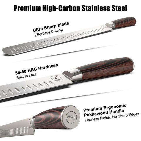 Imarku Brisket Knife ergonomic pakkawood handle for comfortable long carving sessions.