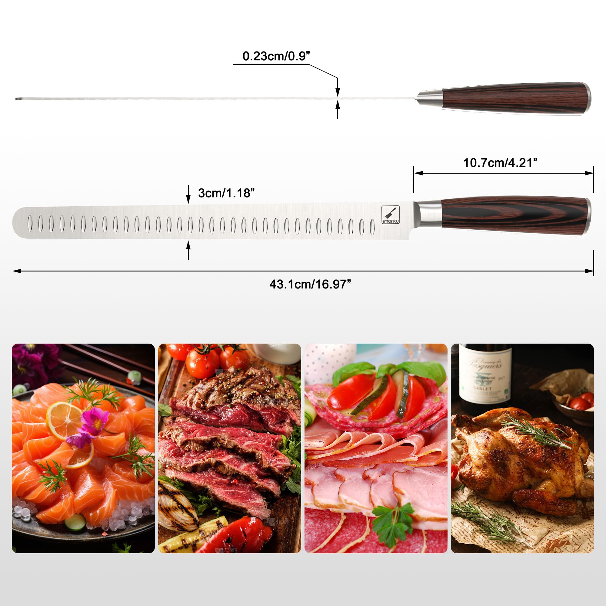 Imarku Brisket Knife slicing action demonstrating smooth, even cuts.