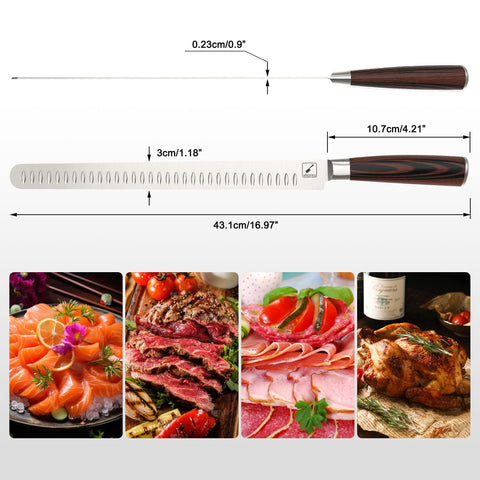 Imarku Brisket Knife slicing action demonstrating smooth, even cuts.