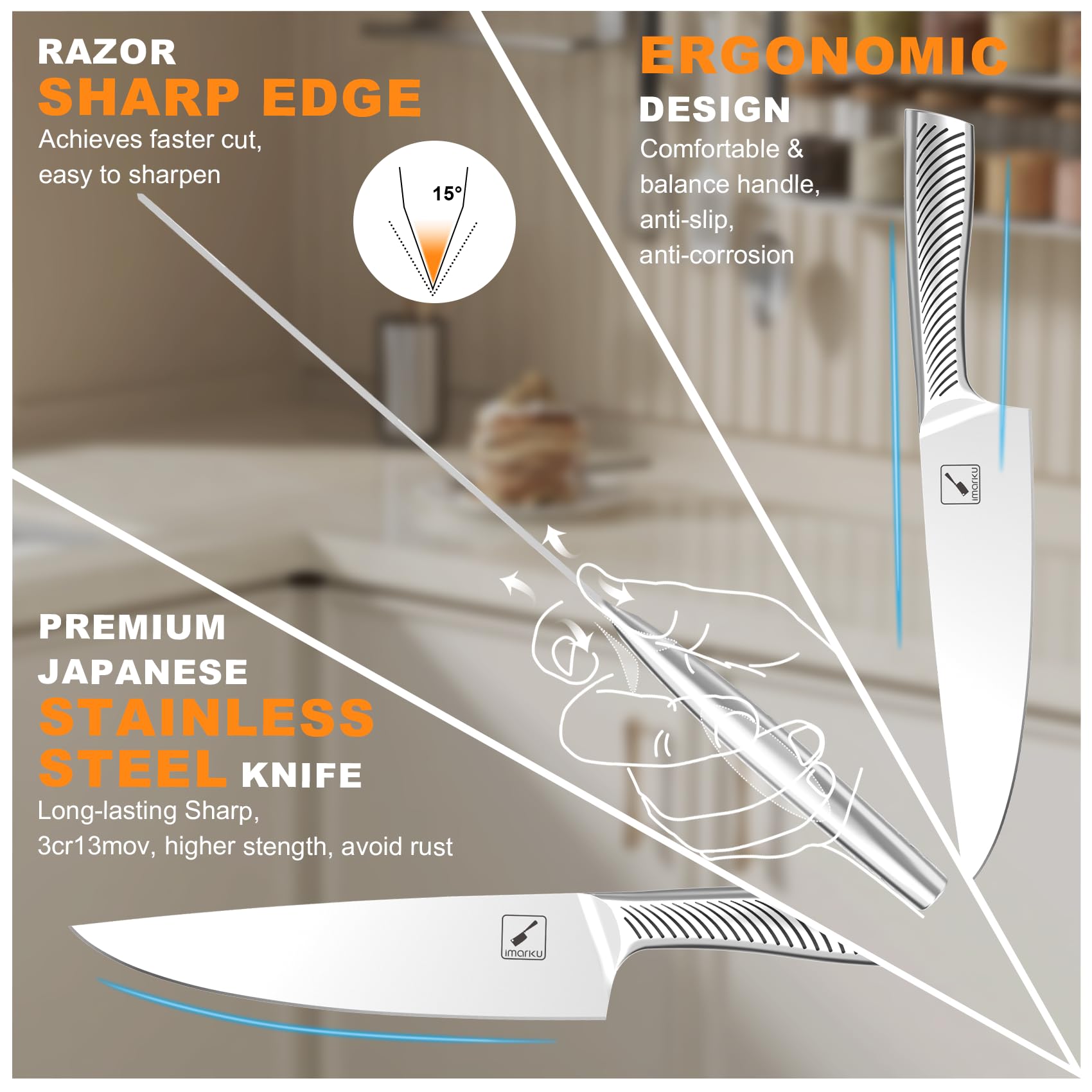 Imarku built-in sharpener maintains edge between uses.