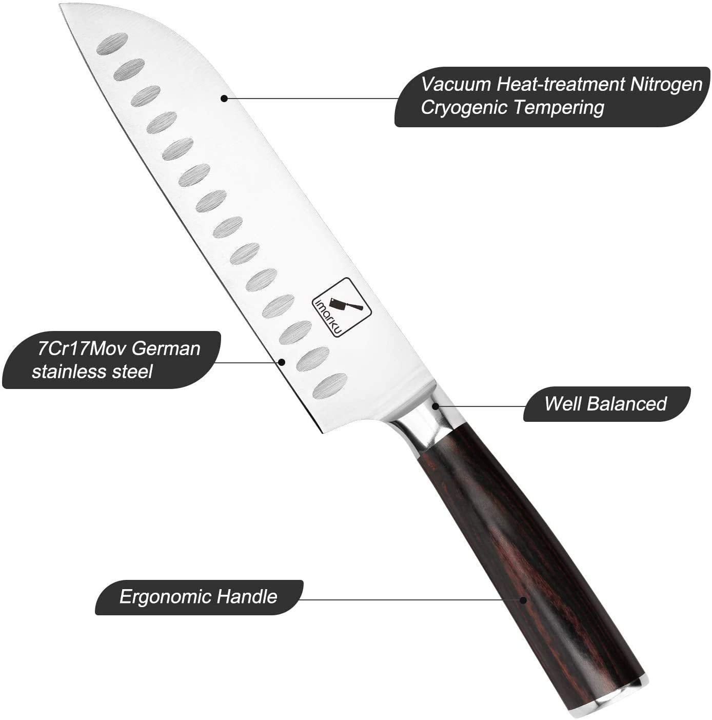 imarku chef knife 7-inch hollow edge for clean, non-stick slicing.