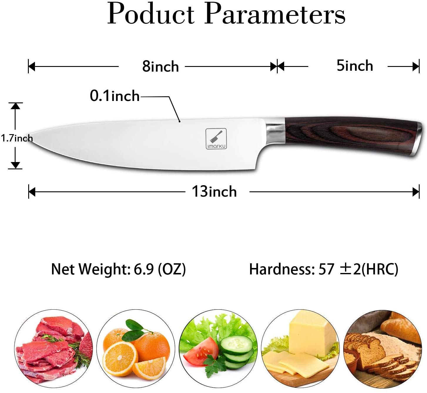 Imarku chef knife 8 inch stainless steel finish resists tarnish and wear