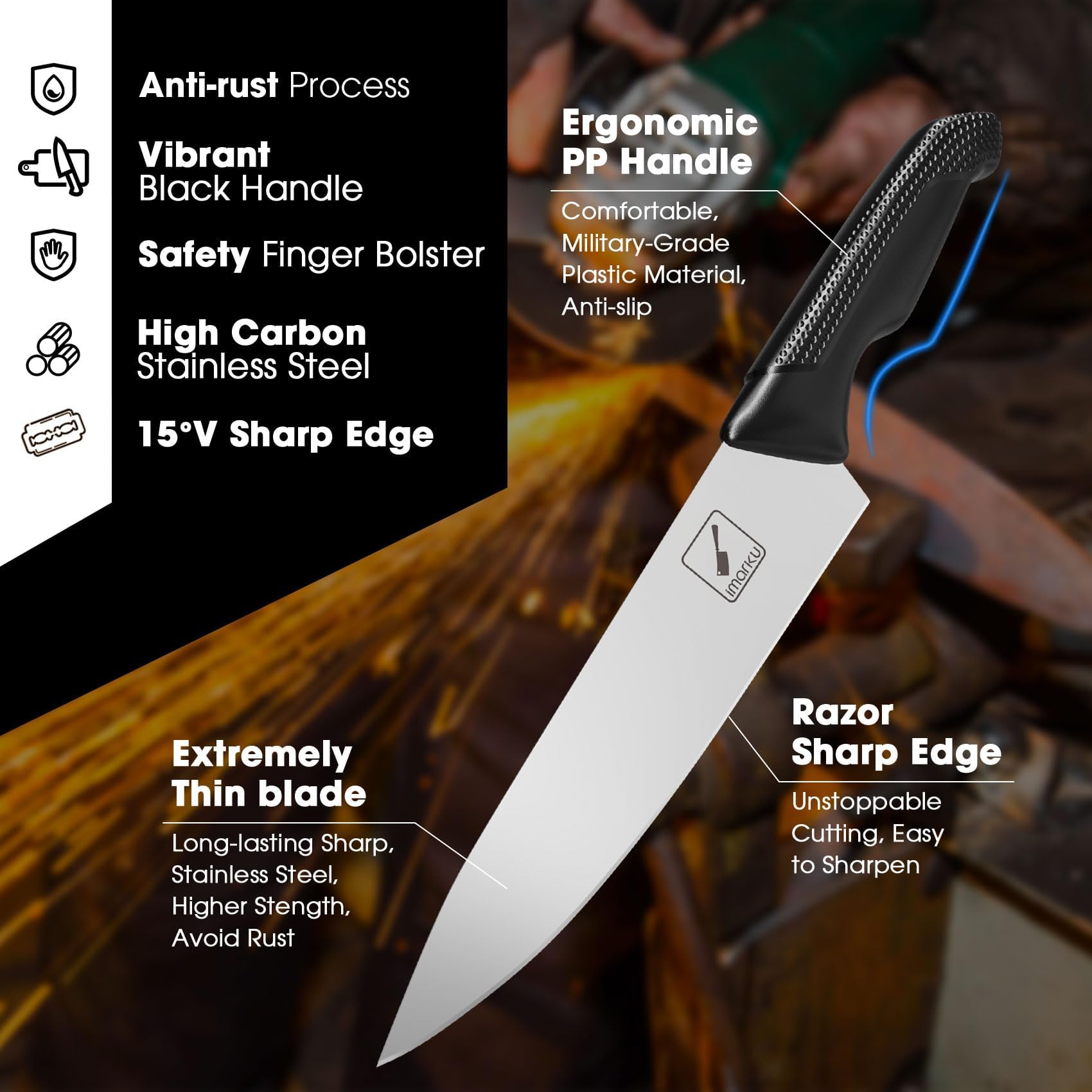 imarku chef knife close-up shows ultra-sharp Japanese blades for precise slicing