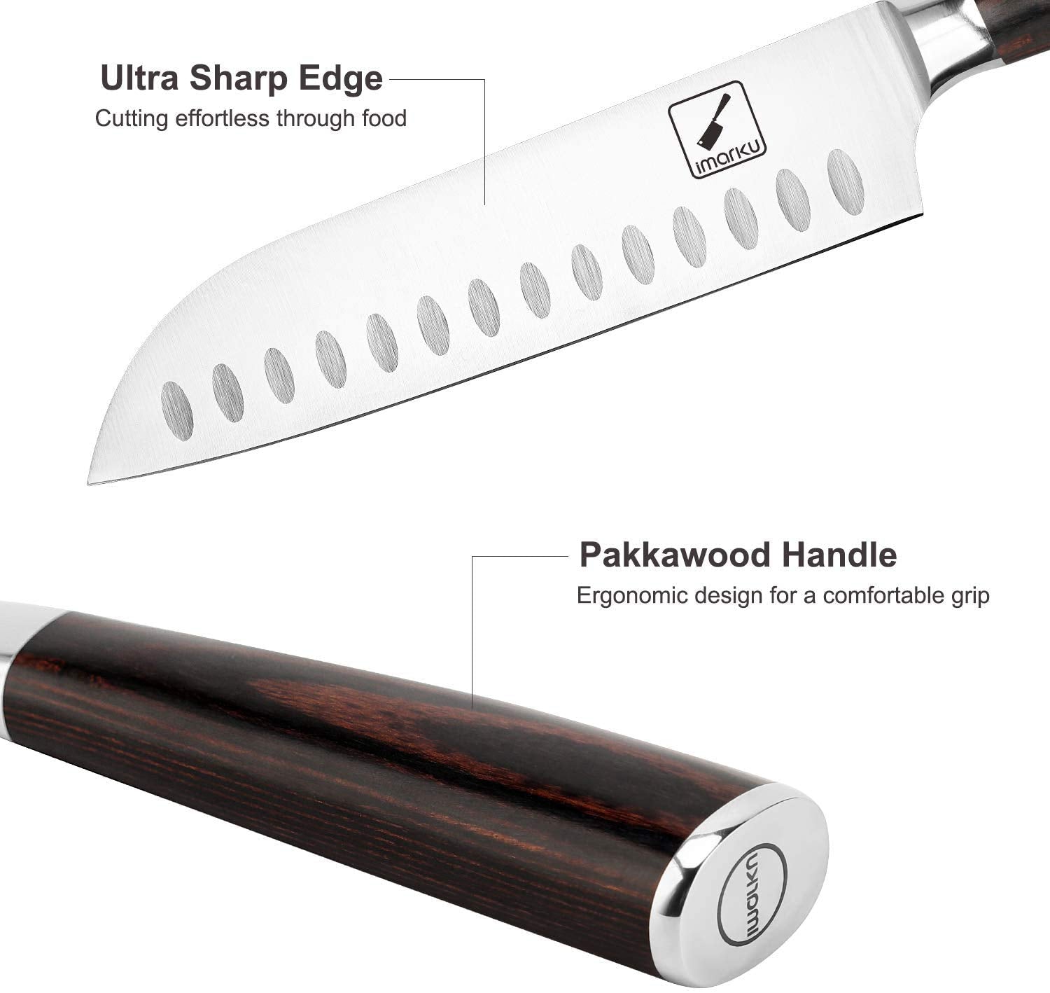 imarku santoku knife ergonomic pakkawood handle reduces wrist strain during prep.