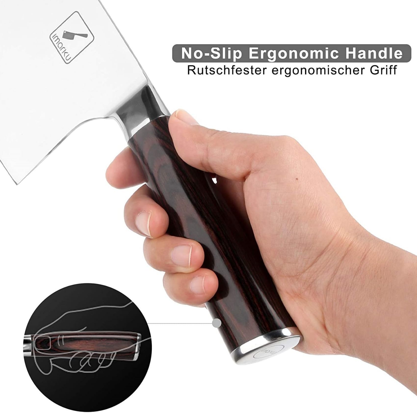 Imarku cleaver with Pakkawood handle for durable, slip-resistant grip.