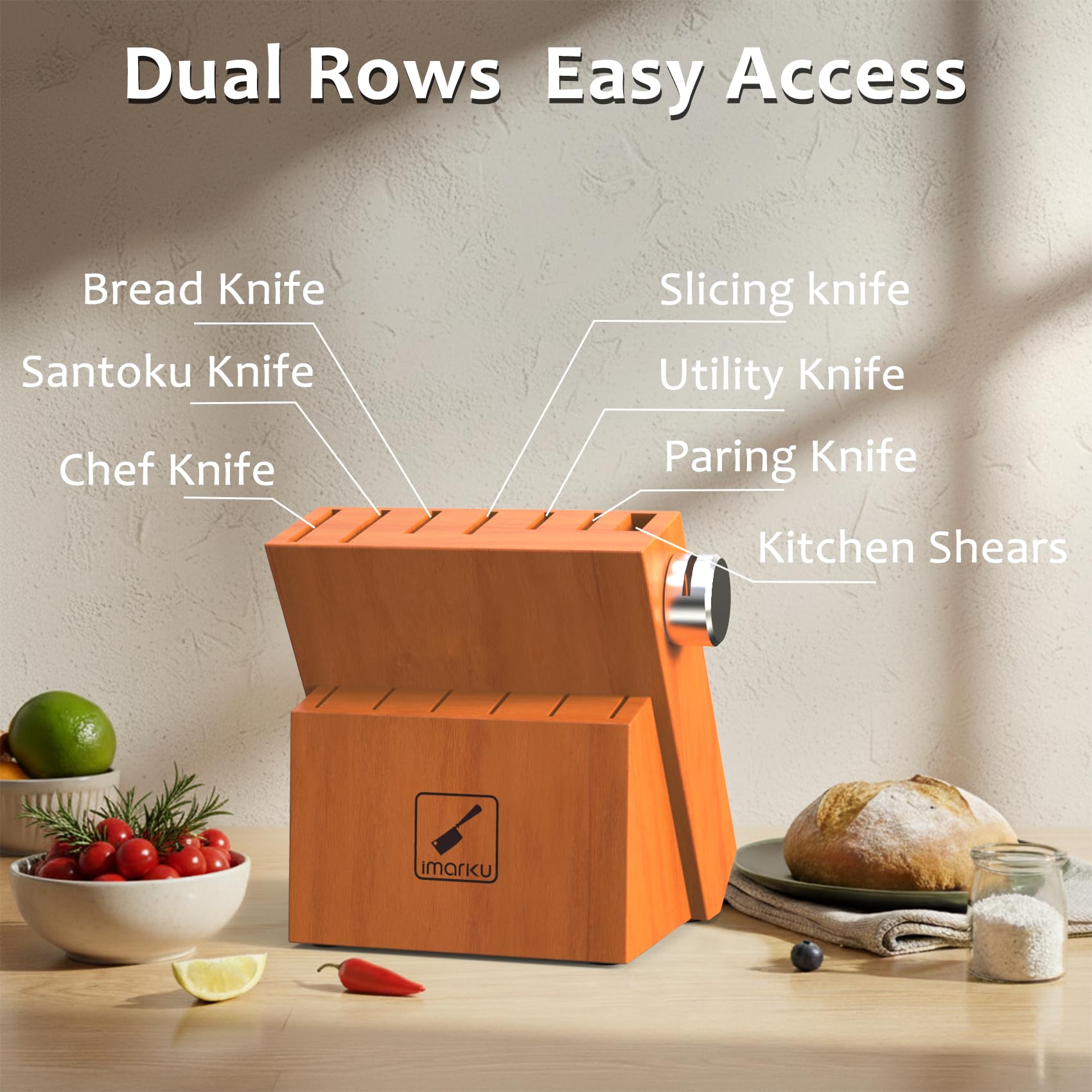 Imarku kitchen setup with knife block on counter during meal prep.