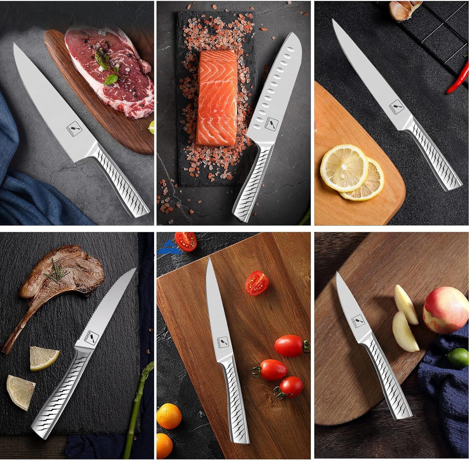 Imarku knife set acacia block with built-in sharpener supports quick touch-ups.