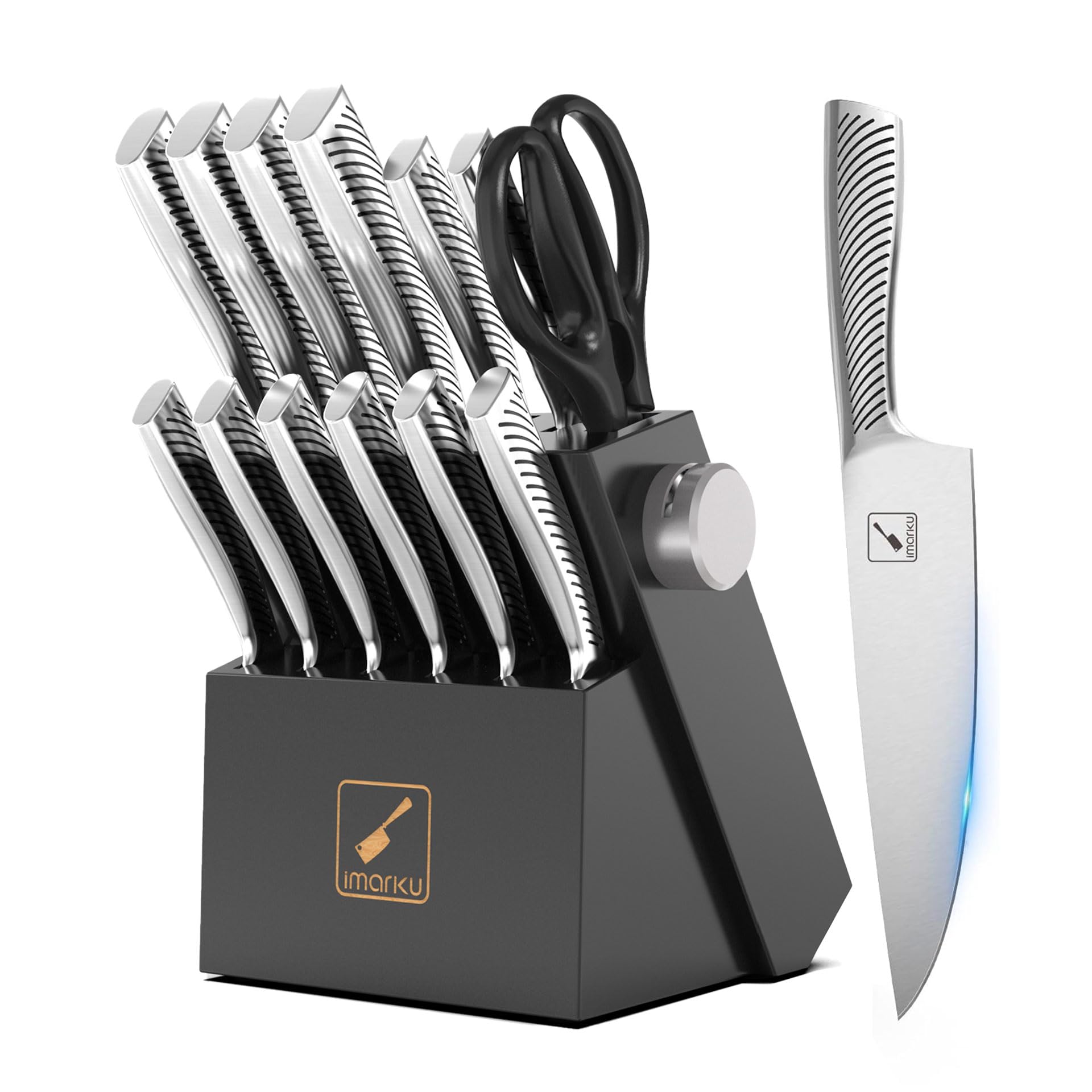imarku 14-piece knife block set with wood block and precision blades ready for prep