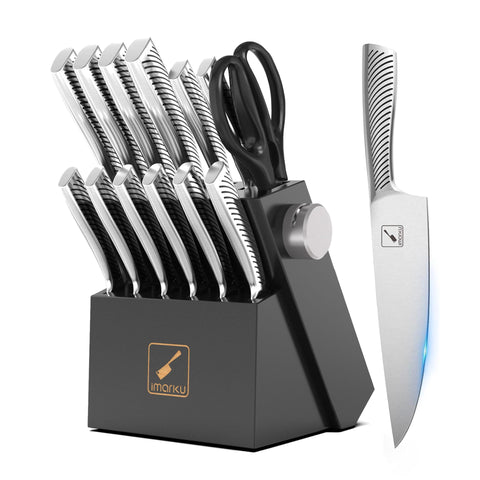 imarku 14-piece knife block set with wood block and precision blades ready for prep
