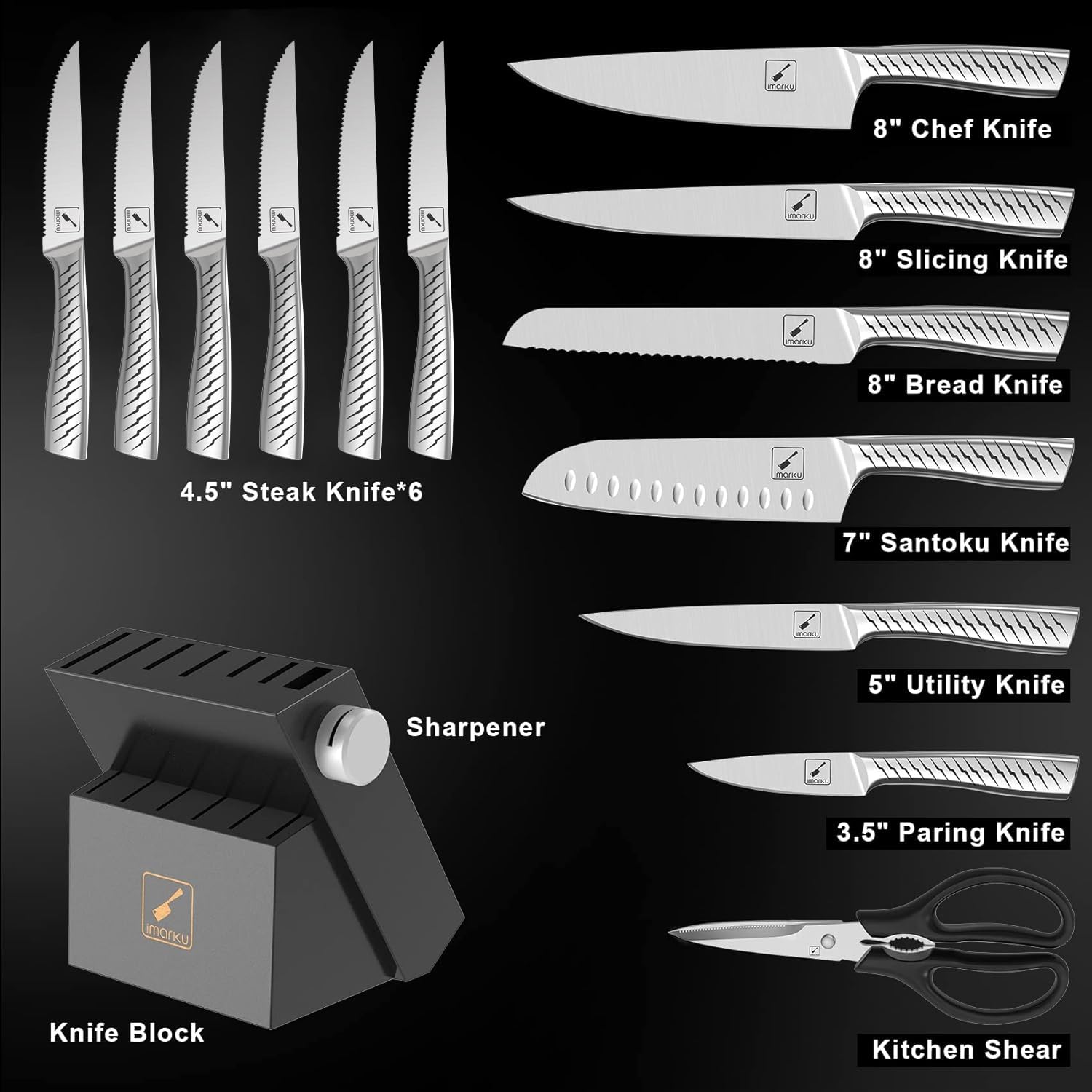 Imarku knife set chef knife 8-inch highlights precise slicing for meals.
