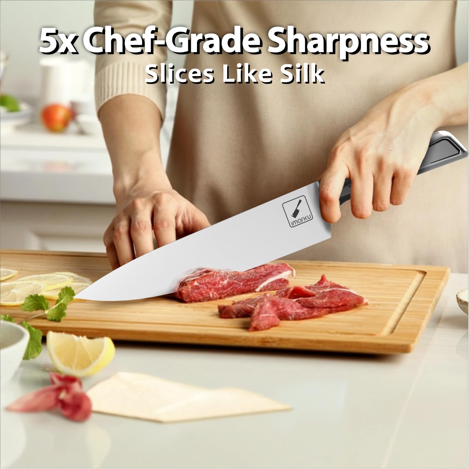imarku knife set blade closeup highlights ultra sharp precise slicing potential