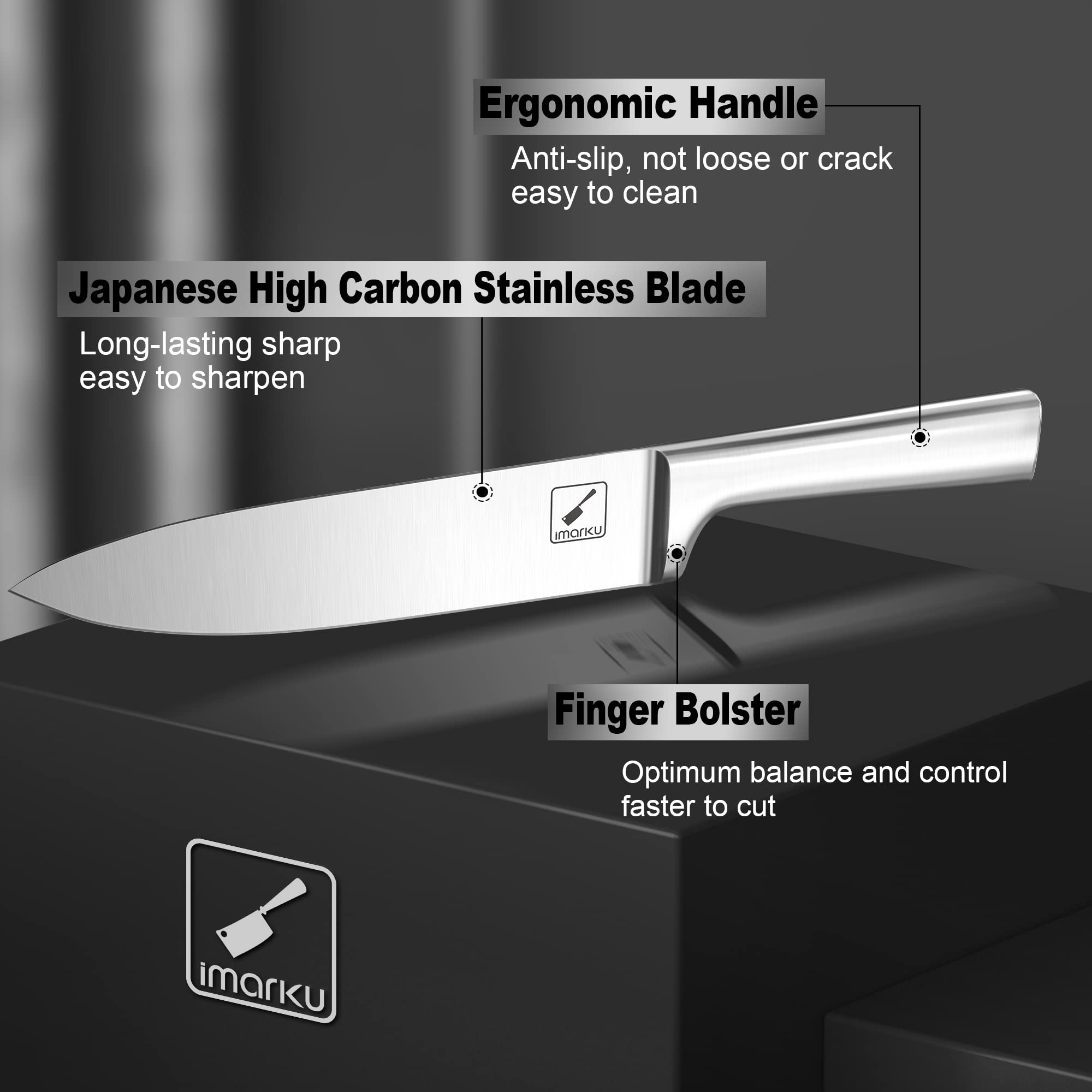 Imarku knife-set santoku blade close-up emphasizes balance and control