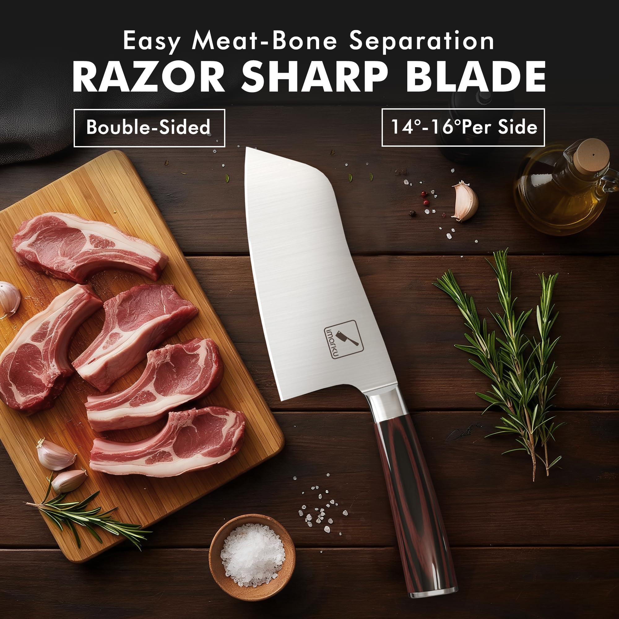 imarku 7-inch meat cleaver balanced design for steady control during prep.