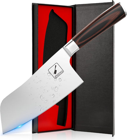 imarku 7-inch meat cleaver blade close-up highlighting a sharp edge for precise chopping.