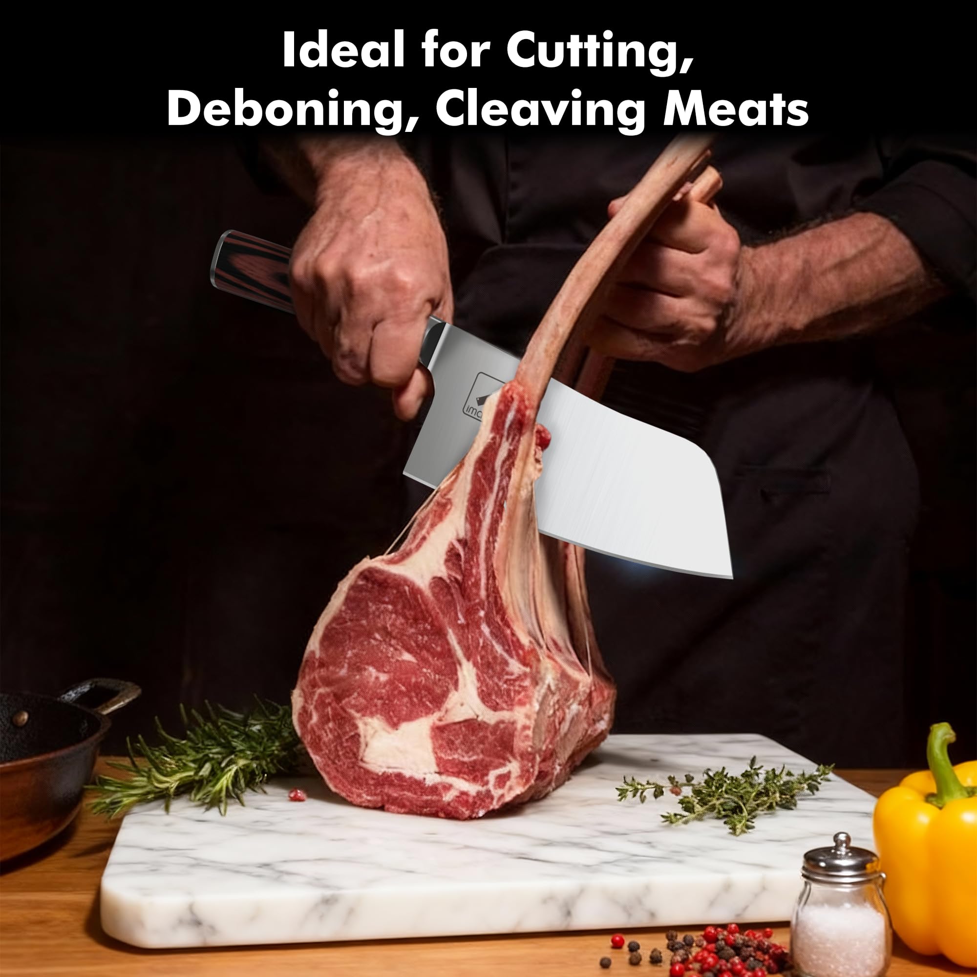 imarku 7-inch meat cleaver handle close-up showing an ergonomic, comfortable grip.