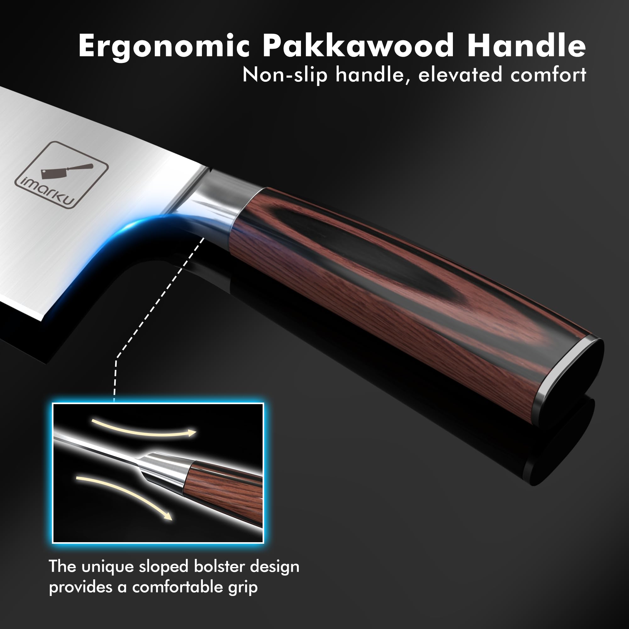 imarku 7-inch meat cleaver wood handle detail showing FSC certified eco friendly grip.