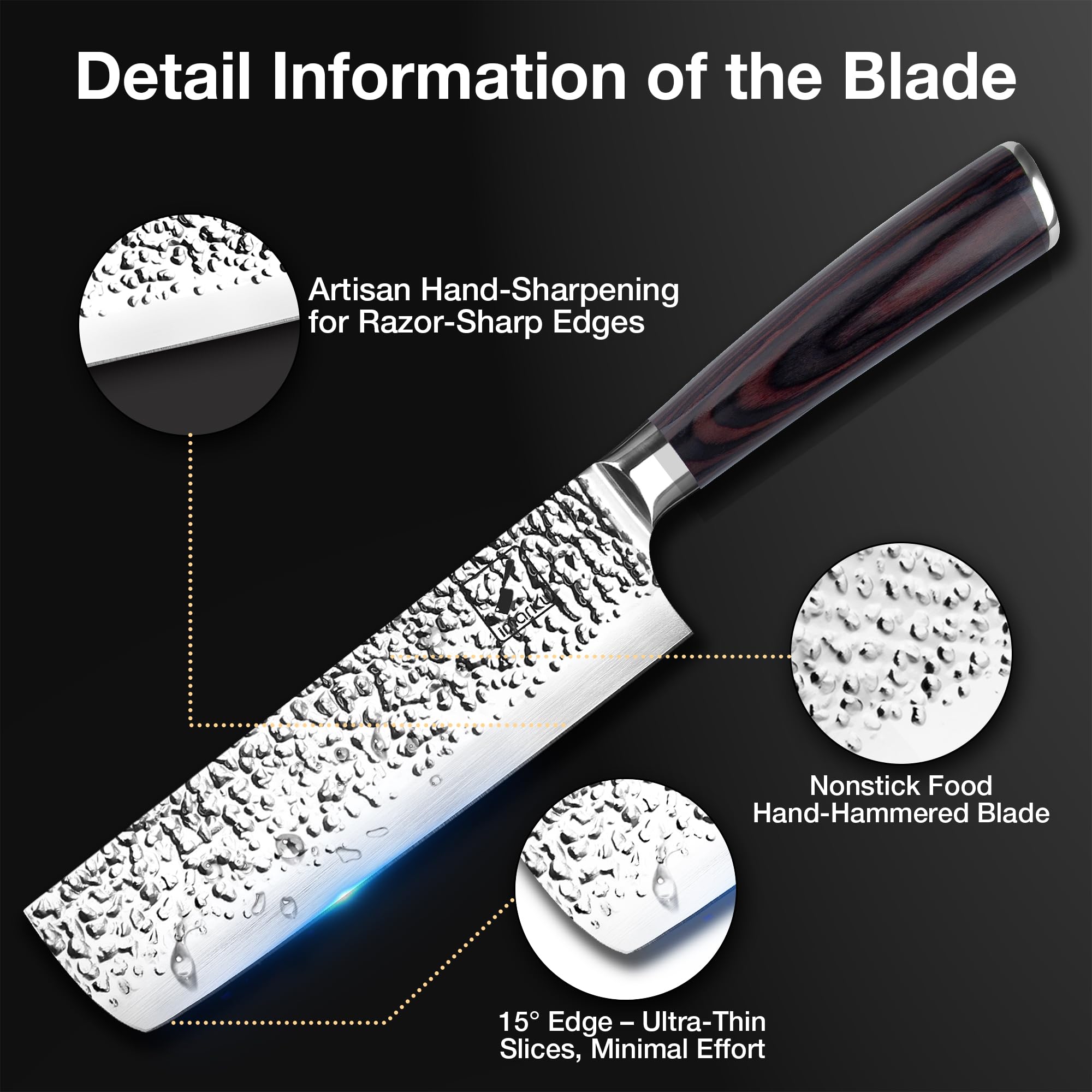 Imarku Nakiri Knife ergonomic handle provides secure, comfortable grip.