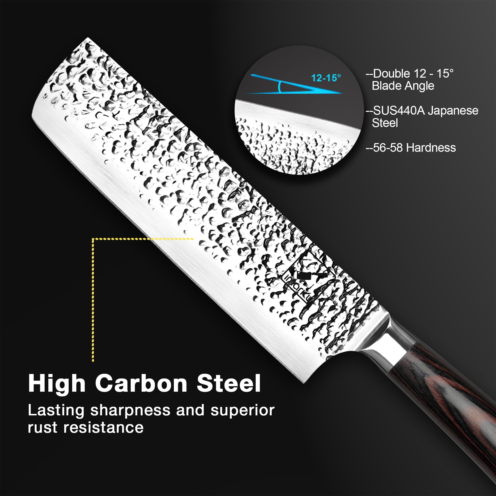 Imarku Nakiri Knife high-carbon steel resists rust and staining.