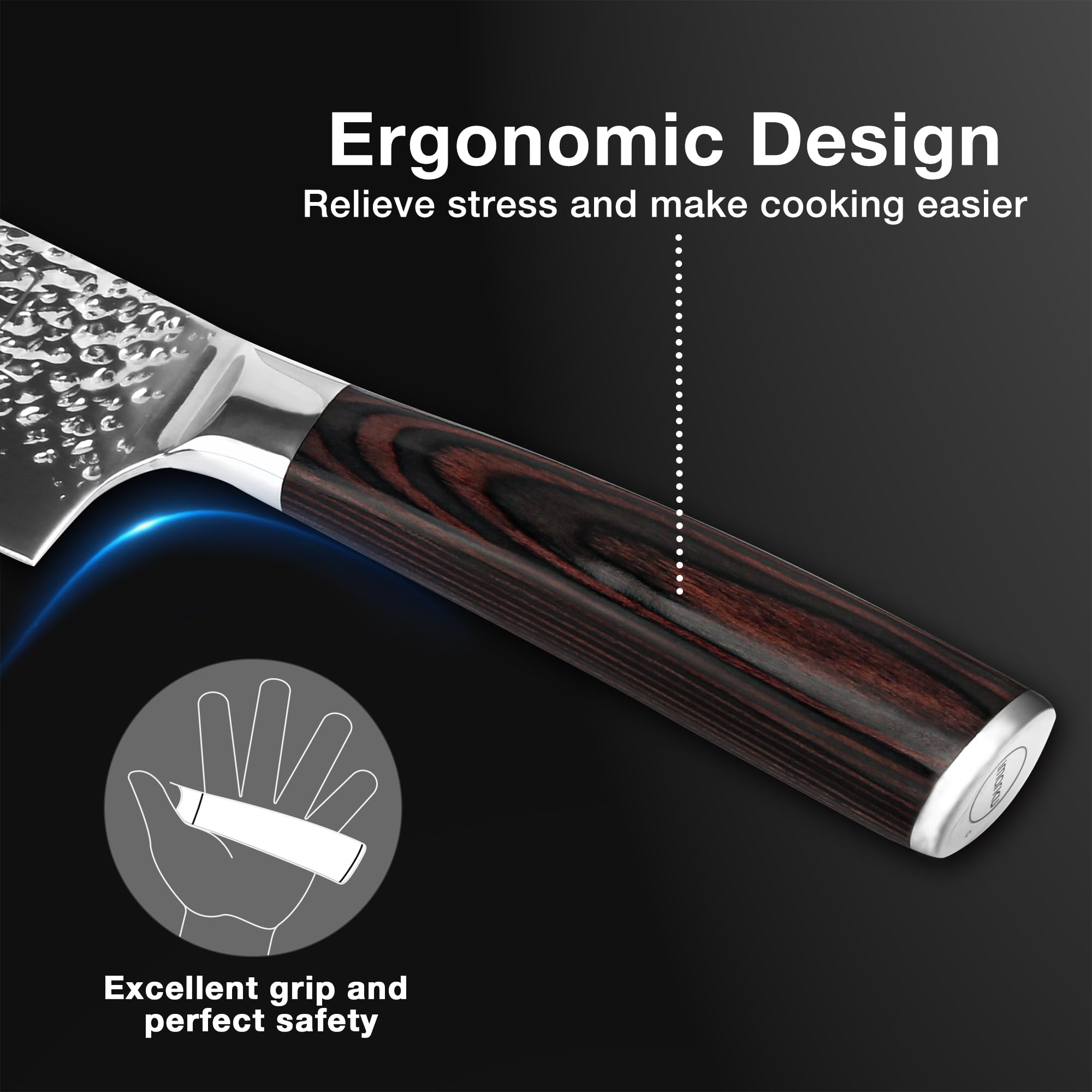 Imarku Nakiri Knife hollow-edge with hammered finish minimizes drag.