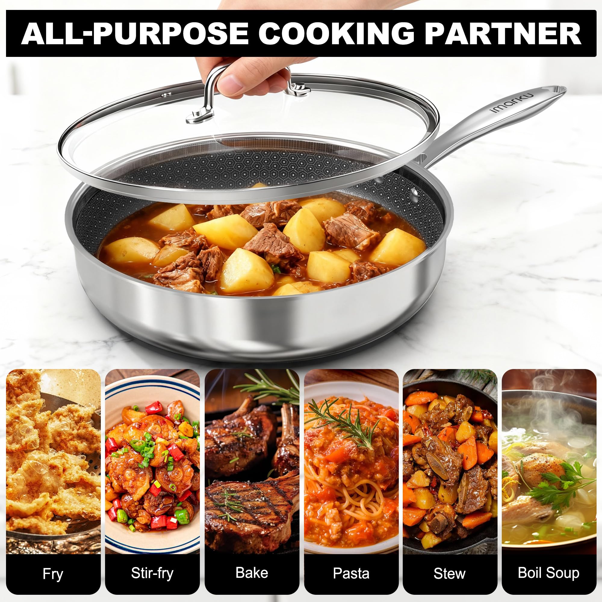 Imarku oven-safe pan allows finishing dishes from stove to oven.