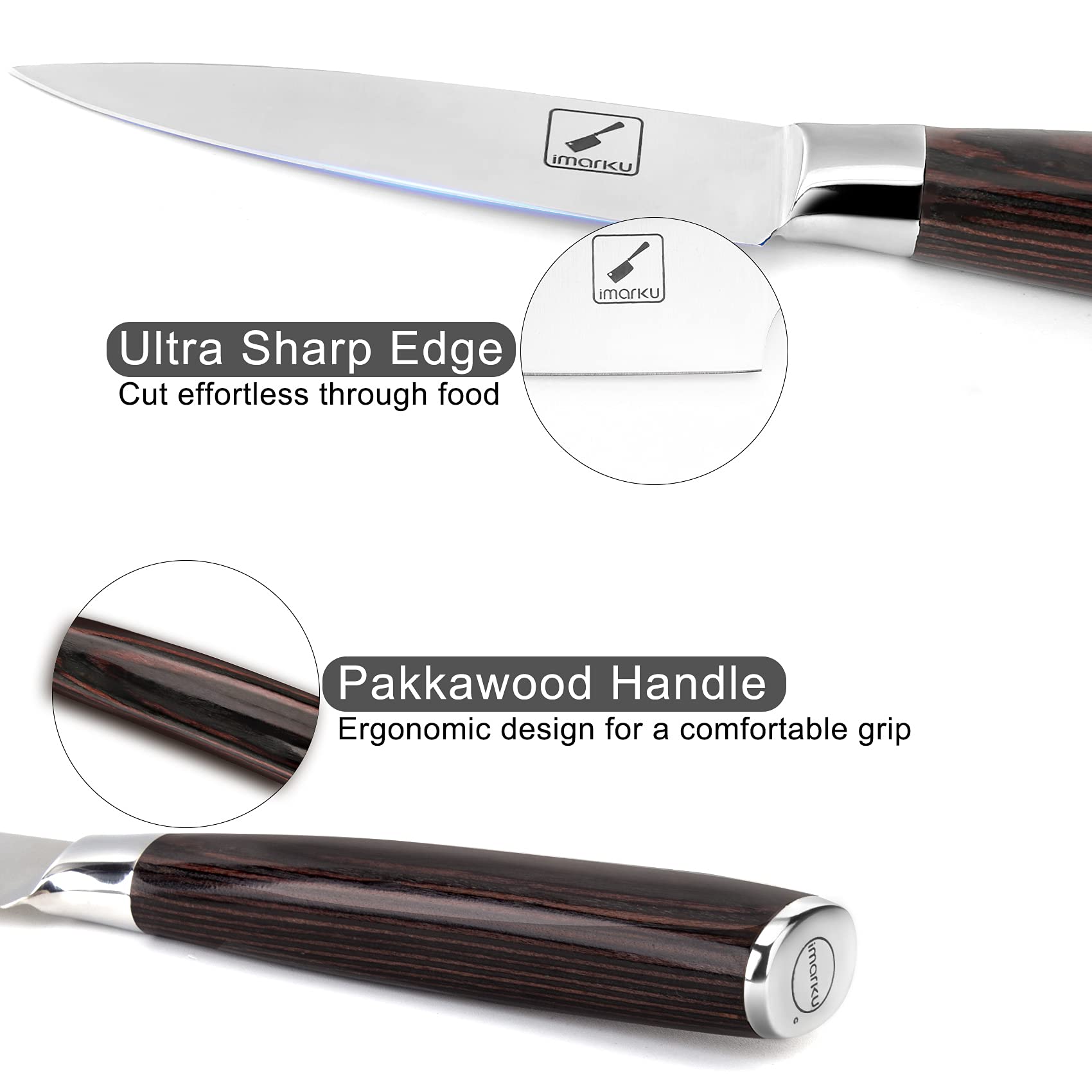 imarku paring knife with ergonomic pakkawood handle for comfortable prep.
