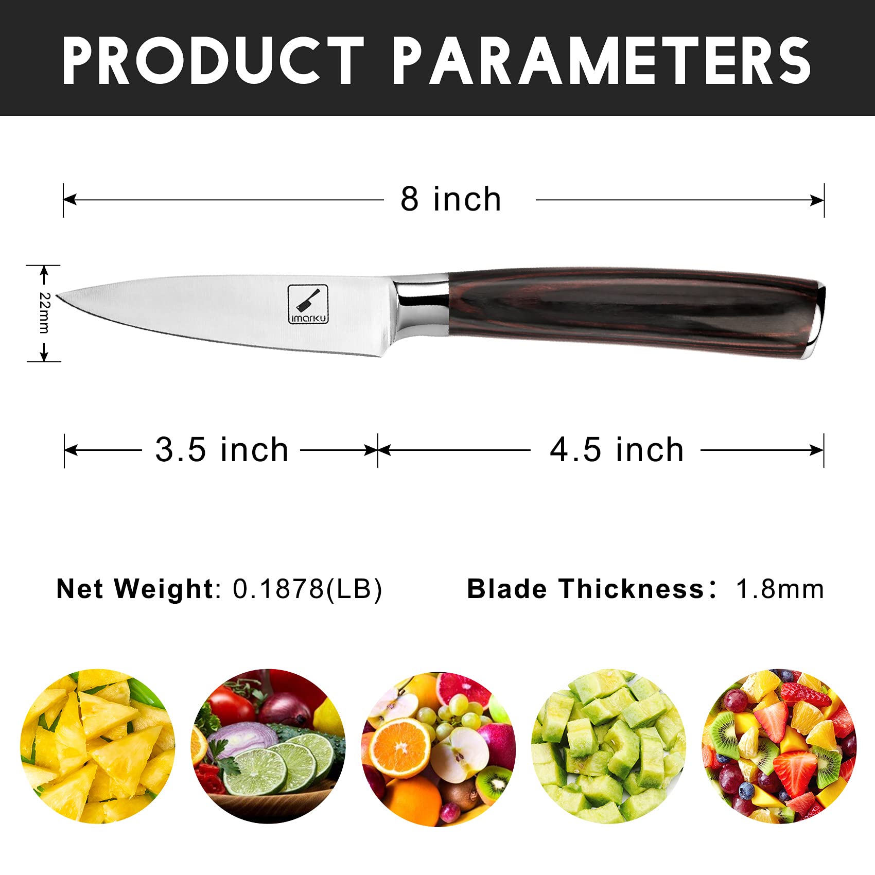 imarku paring knife built with SUS440A steel for durable performance.