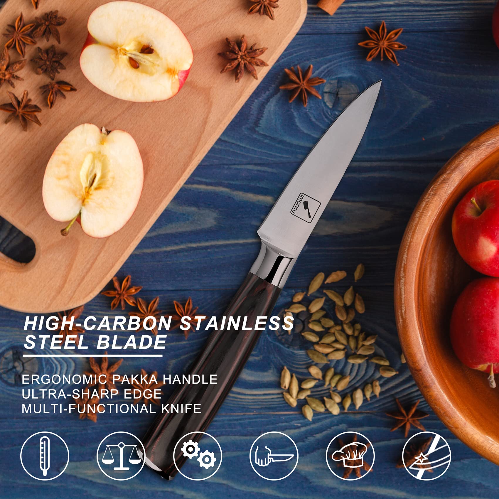 imarku paring knife taper-ground blade enhances stability and sharpness.