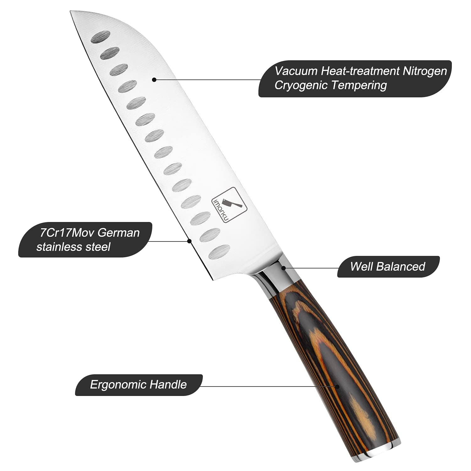 imarku Santoku knife with blue pakkawood handle for comfortable control